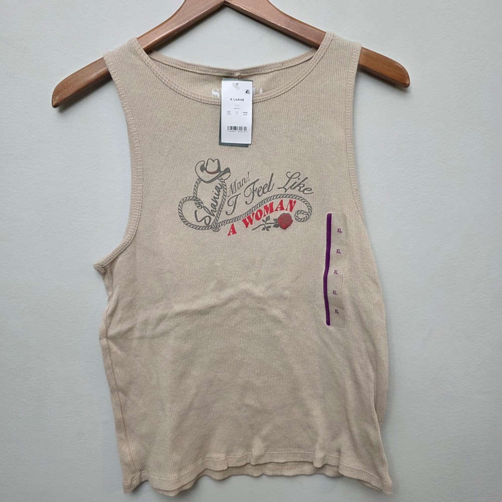 Shania Twain Tan Ribbed Graphic Tank Top‎ Man I Feel Like A Woman XL NEW